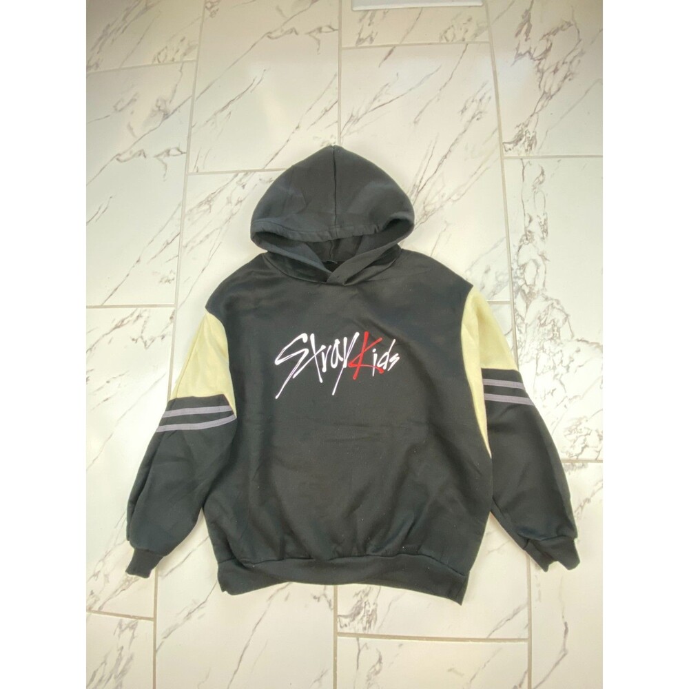 Stray Kids Hoodie Small Black Yellow Stripe Sleeve Lightweight Sweatshirt